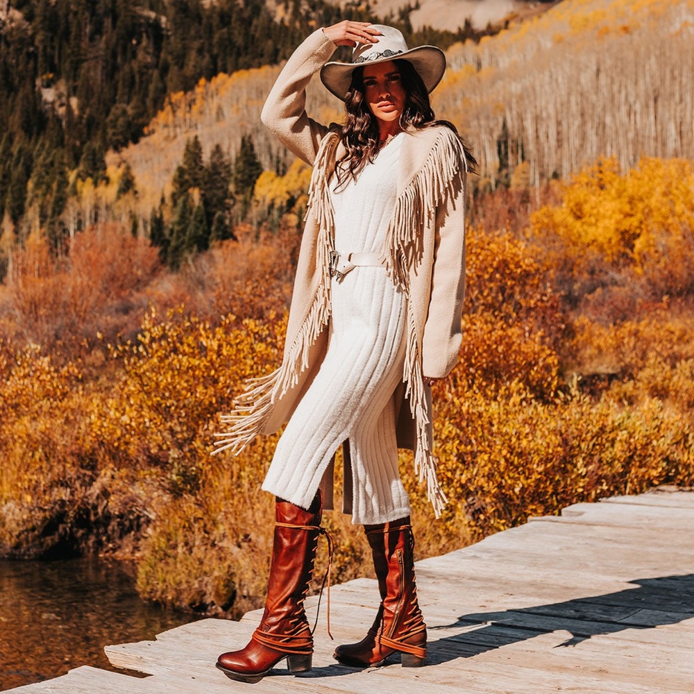 Freebird Coal Lace-Up Tall Leather Boots in Chestnut Brown/Cognac - Picture 2 of 12